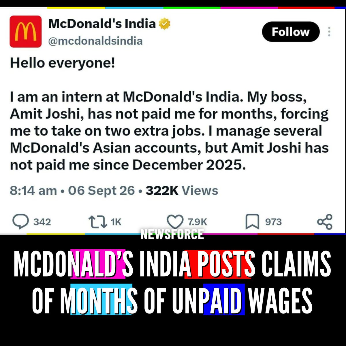 NewsForce editorial graphic about the unpaid-intern posts attributed to a McDonald's account